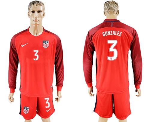 USA #3 Gonzalez Away Long Sleeves Soccer Country Jersey - Click Image to Close